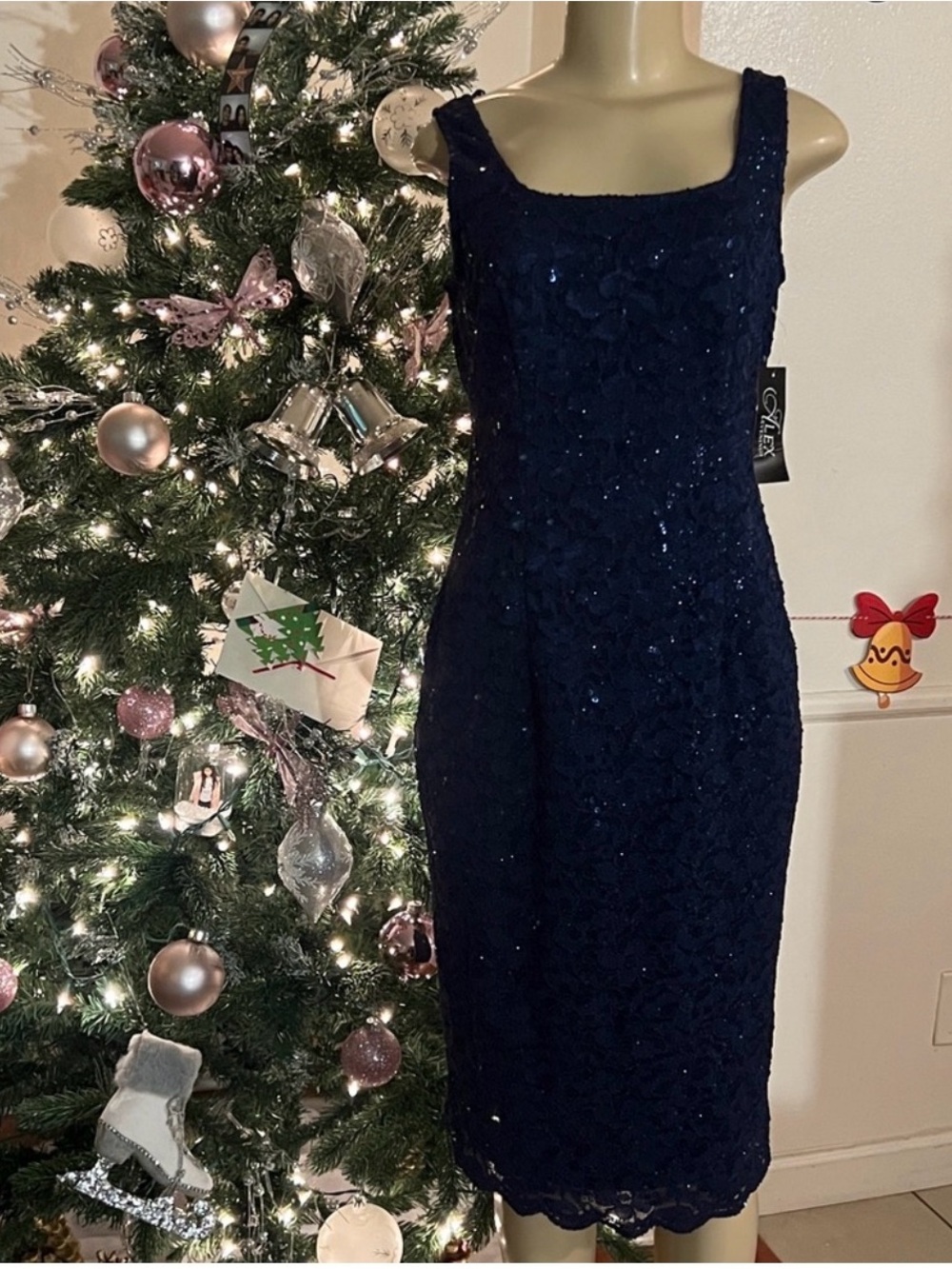 Alex Evenings Navy Sequin Lace Midi Sheath Dress
